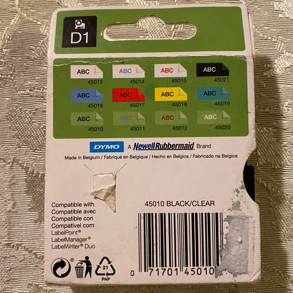 Dymo D1 Label Cassette 1/2” x 23’ Color Black/Clear #45021